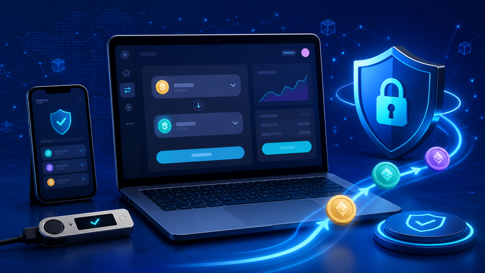 Secure wallet connection and token swap illustration